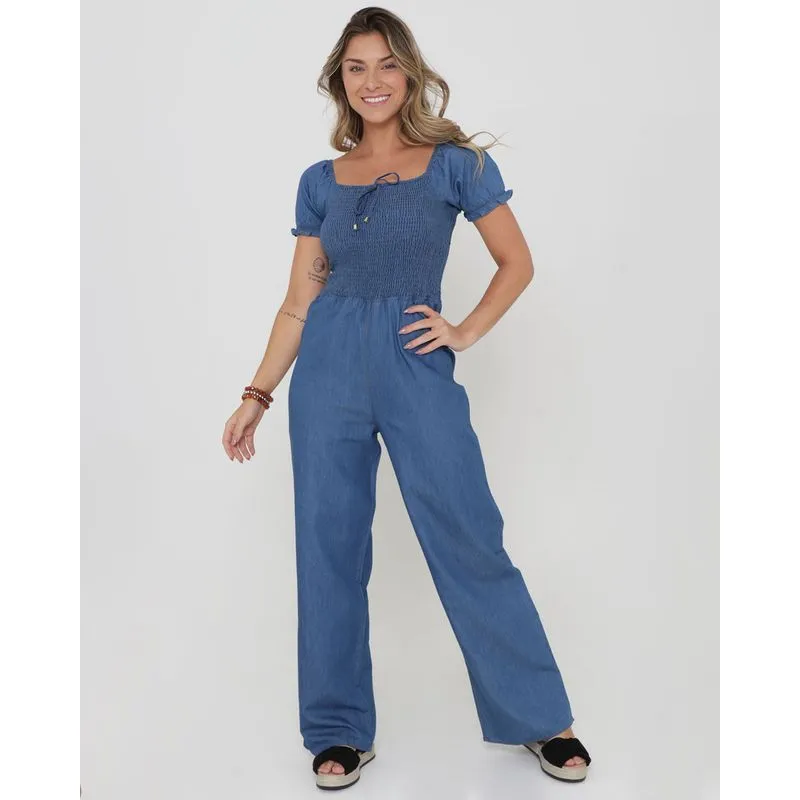 Macacão Jeans Longo Com Lastex Denim Azul G
