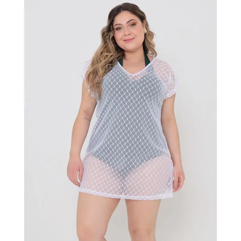 Saída de Praia Plus Size Curta Renda Branca G2