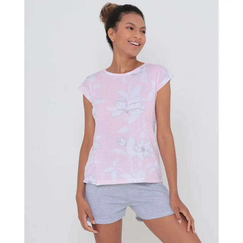 Pijama Feminino Curto Estampa Floral Rosa Claro G