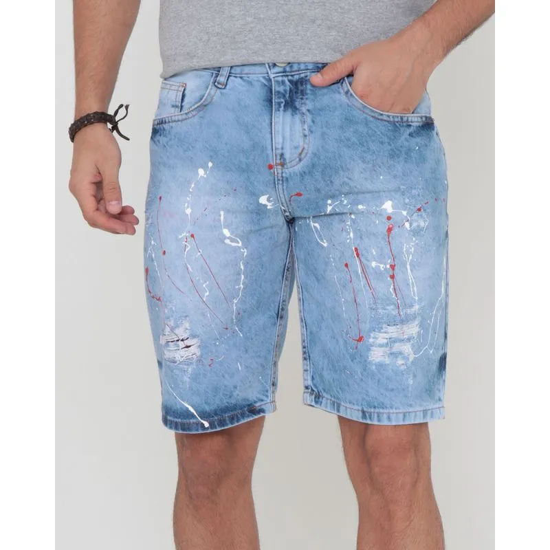 Bermuda Jeans Masculina Destroyed Reta com Respingos Azul 46