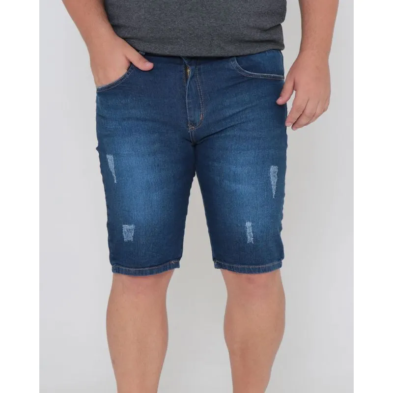 Bermuda Jeans Masculina Plus Size Com Puídos Azul 56