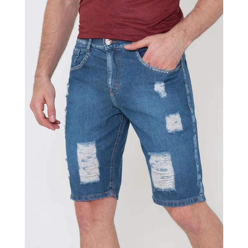 Bermuda Jeans Masculina Destroyed Denim Azul 44