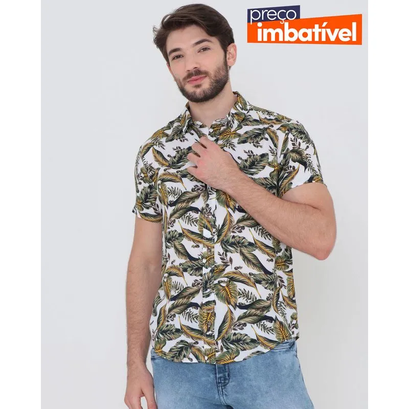 Camisa Masculina Manga Curta Estampa Tropical Branca M