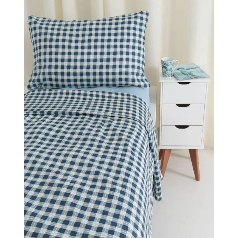 Jogo de Cama Solteiro 3 Peças Xadrez Camesa Azul UN