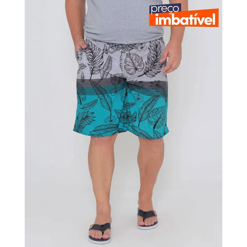 Bermuda Masculina Plus Size Estampa Folhas Cinza G1