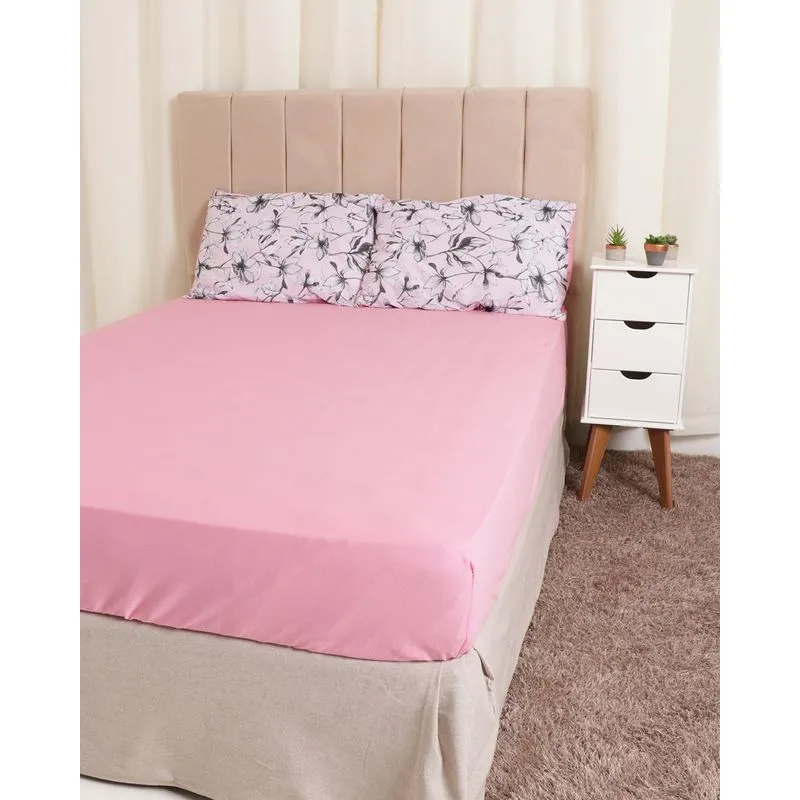 Jogo de Cama Casal 3 Peças Slim Edromania Floral Rosa Médio UN