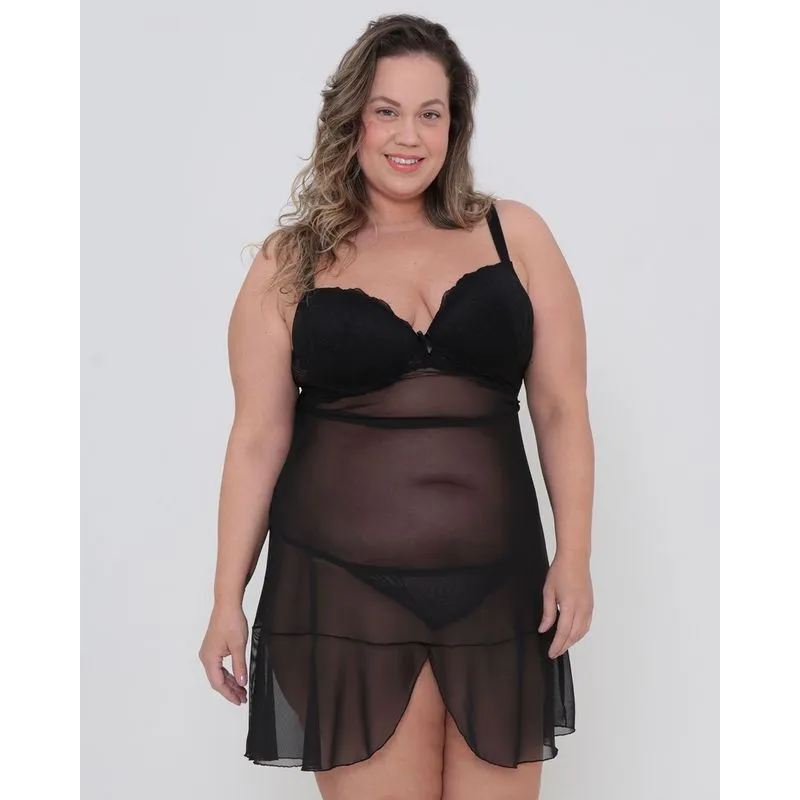 Camisola Com Calcinha Plus Size Renda e Tule Preta 52