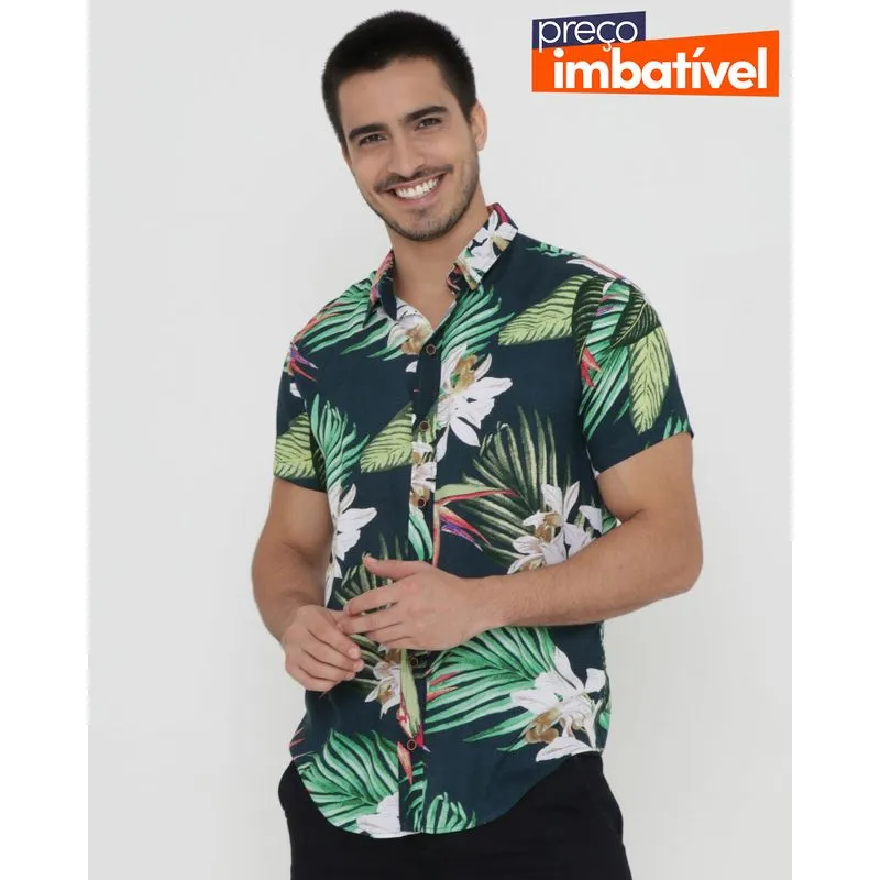 Camisa Masculina Estampa Floral Verde GG