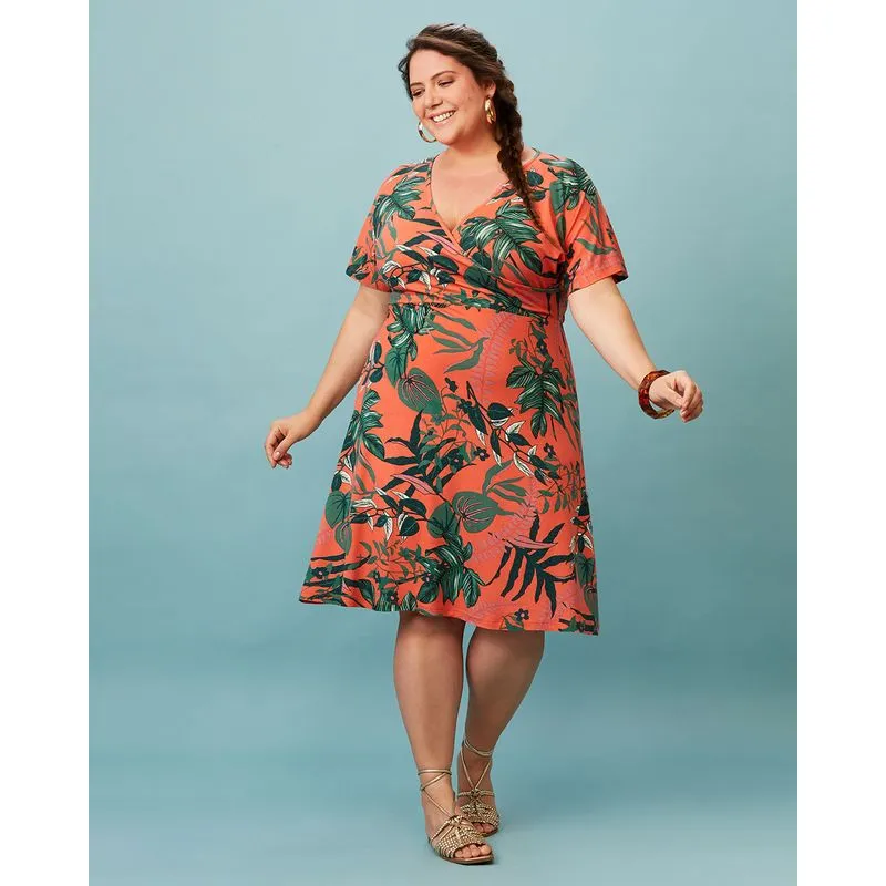 Vestido Cachequer Plus Size Estampa Floral Laranja G3