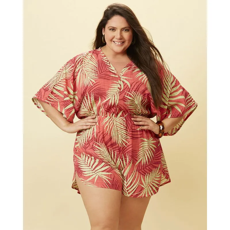 Macaquinho Plus Size Viscose Estampado Floral Rosa G2