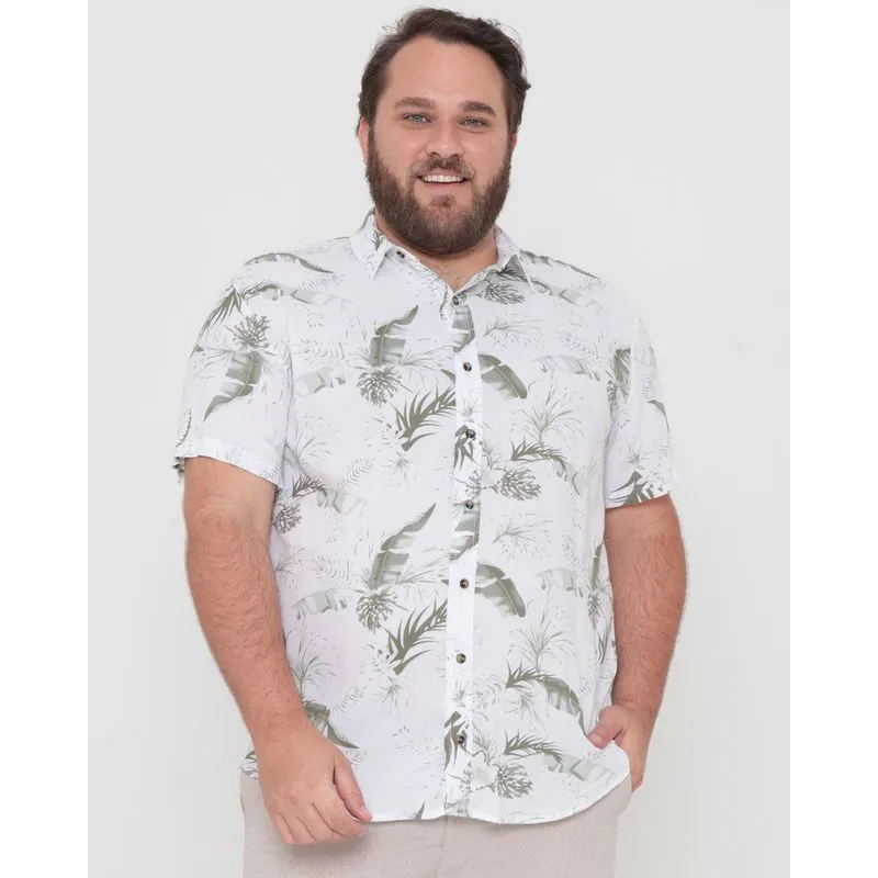 Camisa Masculina Plus Size Floral Branca G2