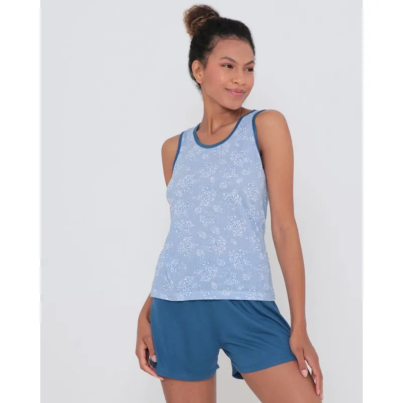 Pijama Feminino Regata Curto Estampa Listras Floral Azul G