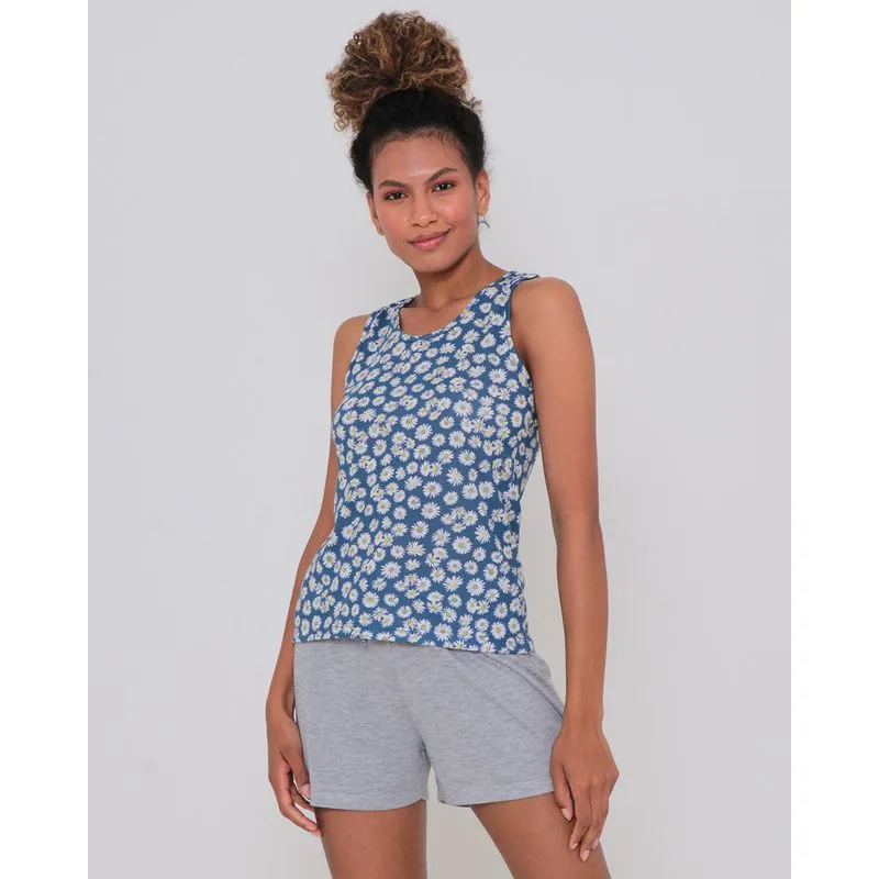 Pijama Feminino Regata Curto Estampa Floral Azul G