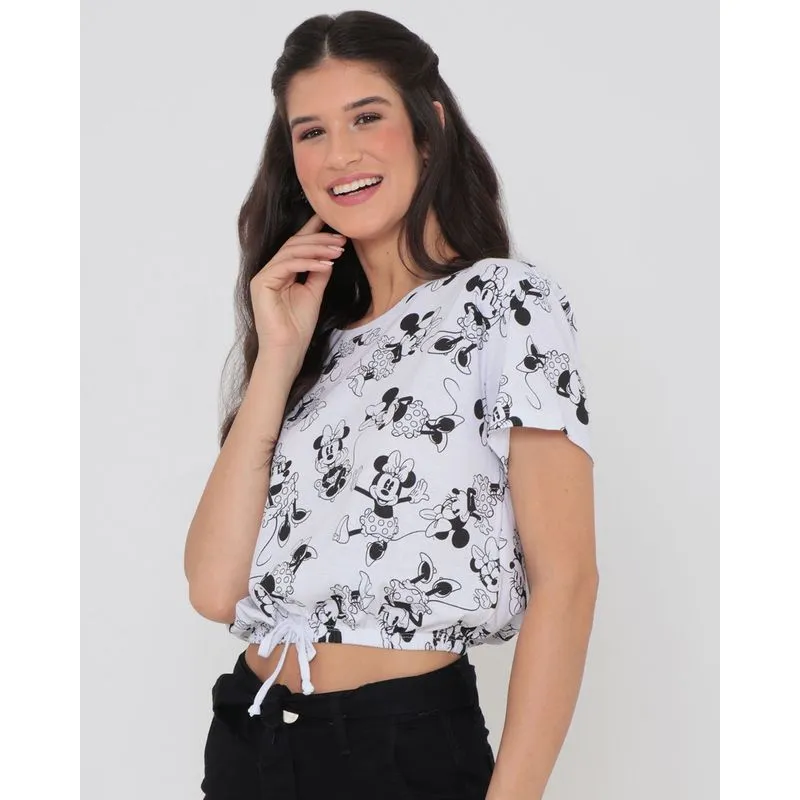 Blusa Cropped Com Elástico Estampa Minnie Disney Branca M