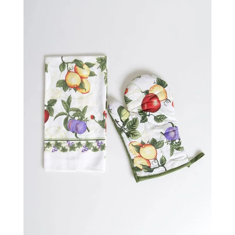 Kit Cozinha 2 Peças Luva E Pano Estampa Frutas Verde Claro UN