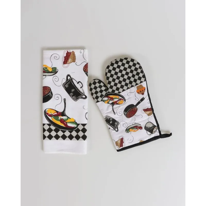 Kit Cozinha 2 Peças Luva E Pano Estampada Preta UN