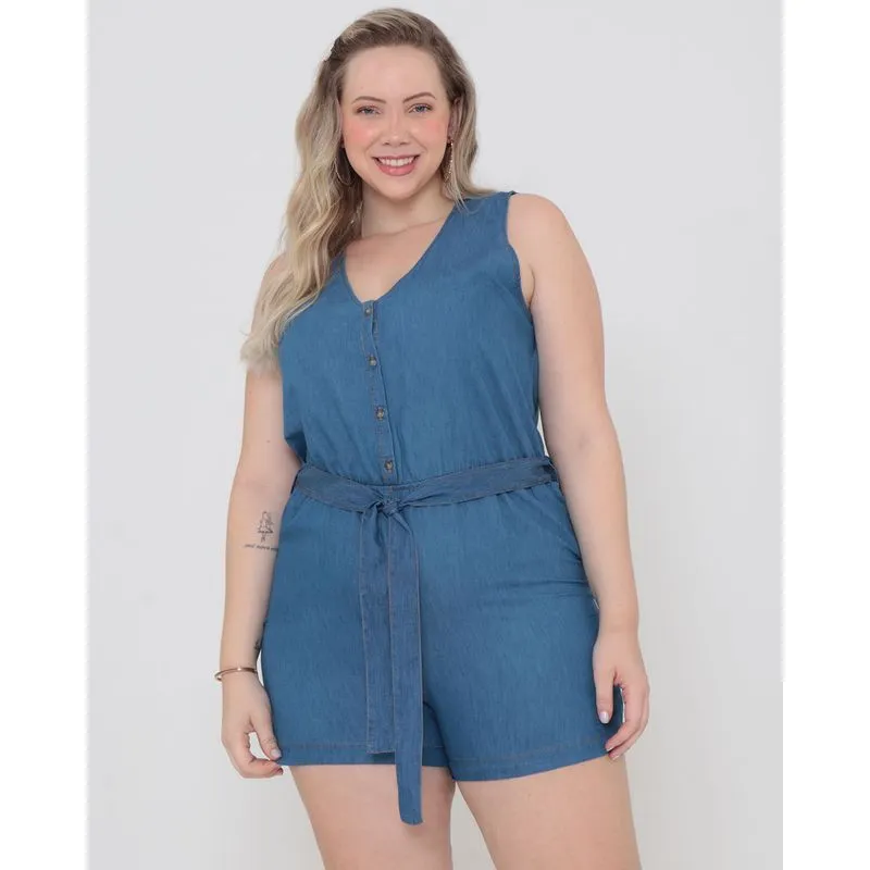 Macaquinho Jeans Plus Size Com Botões E Amarração Azul Claro G2