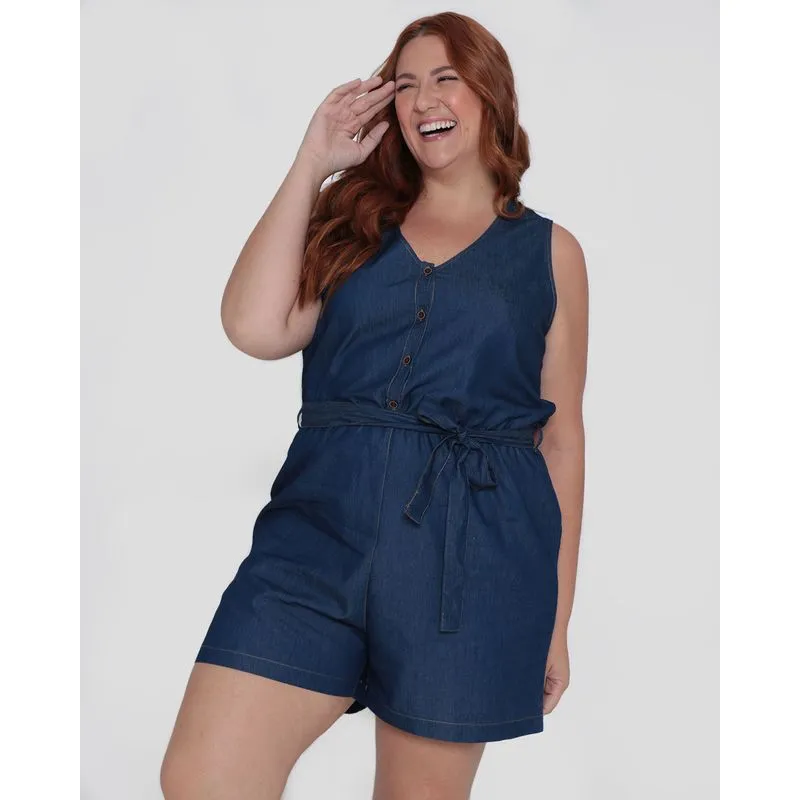 Macaquinho Jeans Plus Size Com Botões E Amarração Azul G2