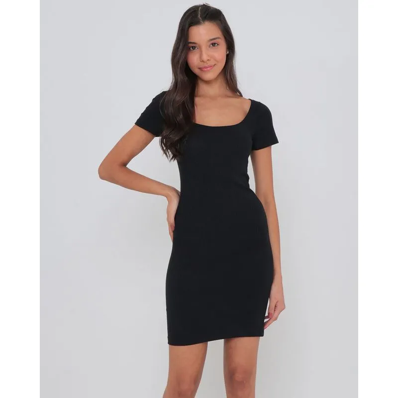 Vestido Curto Básico Canelado Preto P
