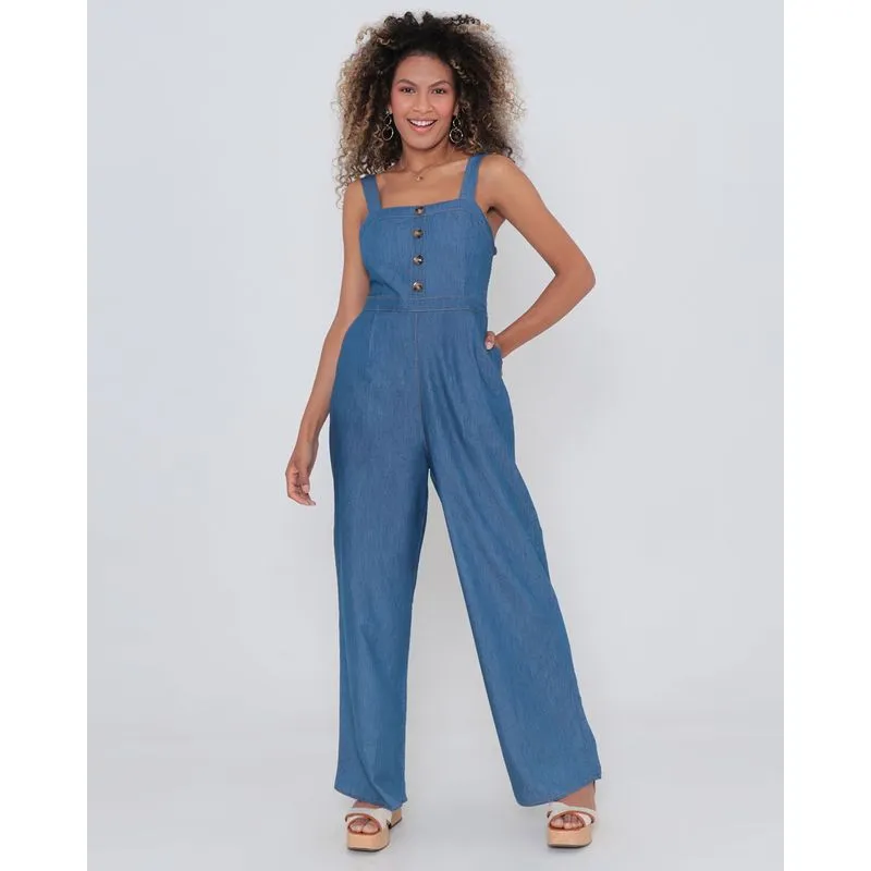 Macacão Jeans Feminino Regata Com Botões Azul Claro GG