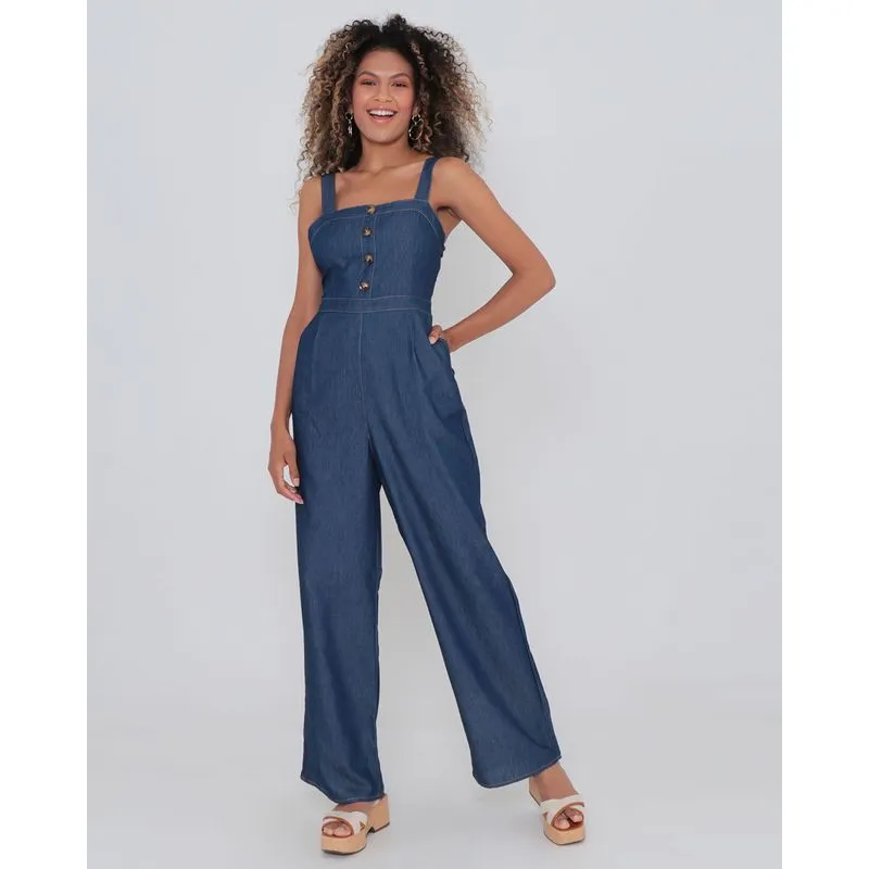 Macacão Jeans Feminino Regata Com Botões Azul GG