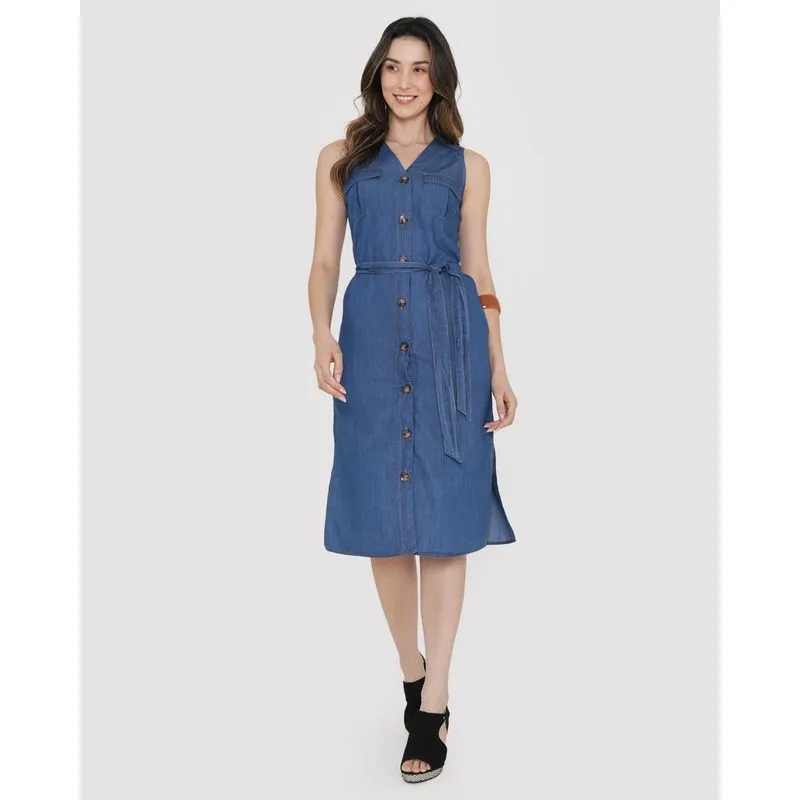 Vestido Midi Com Faixa Botões Denim Azul GG