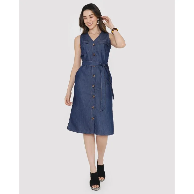 Vestido Midi Com Faixa Botões Denim Azul Escuro M