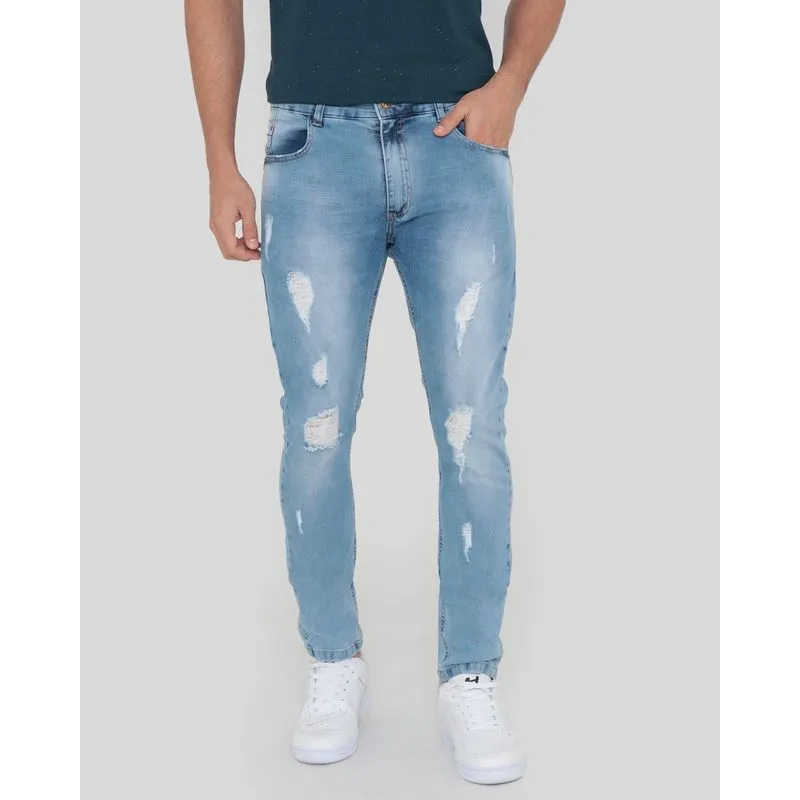 Calça Jeans Masculina Slim Destroyed Azul Claro 38