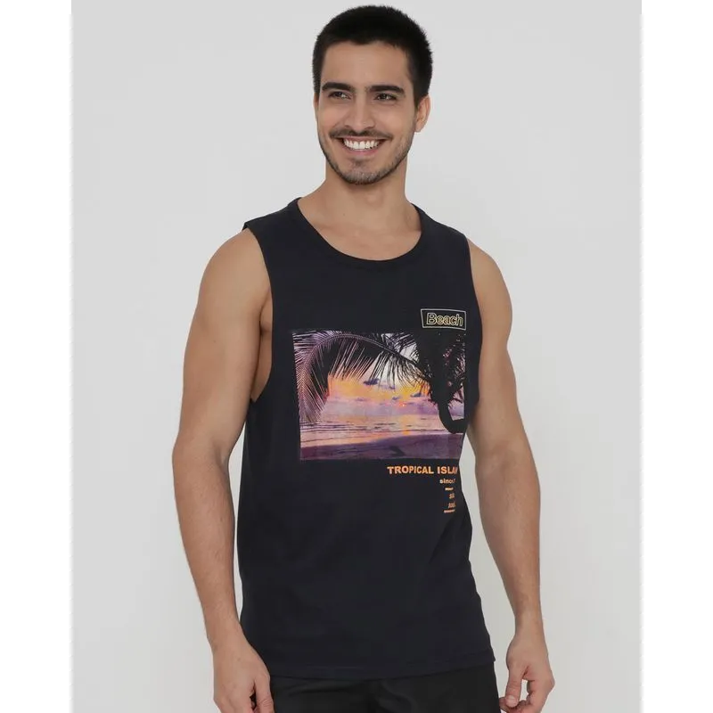 Regata Surf Masculina Estampa Tropical Preta GG