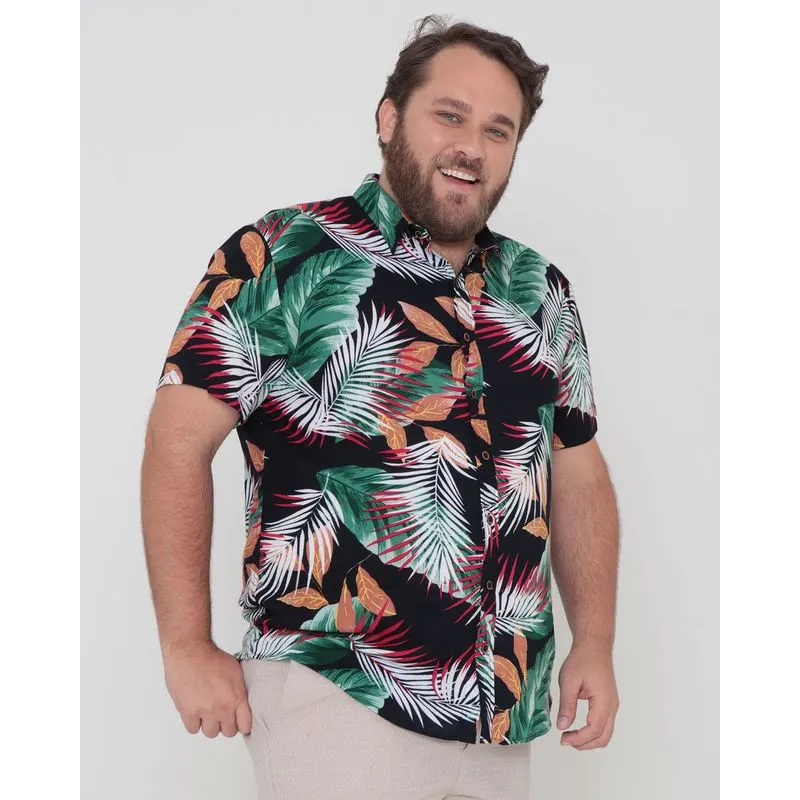 Camisa Masculina Plus Size Viscose Floral Preta G3