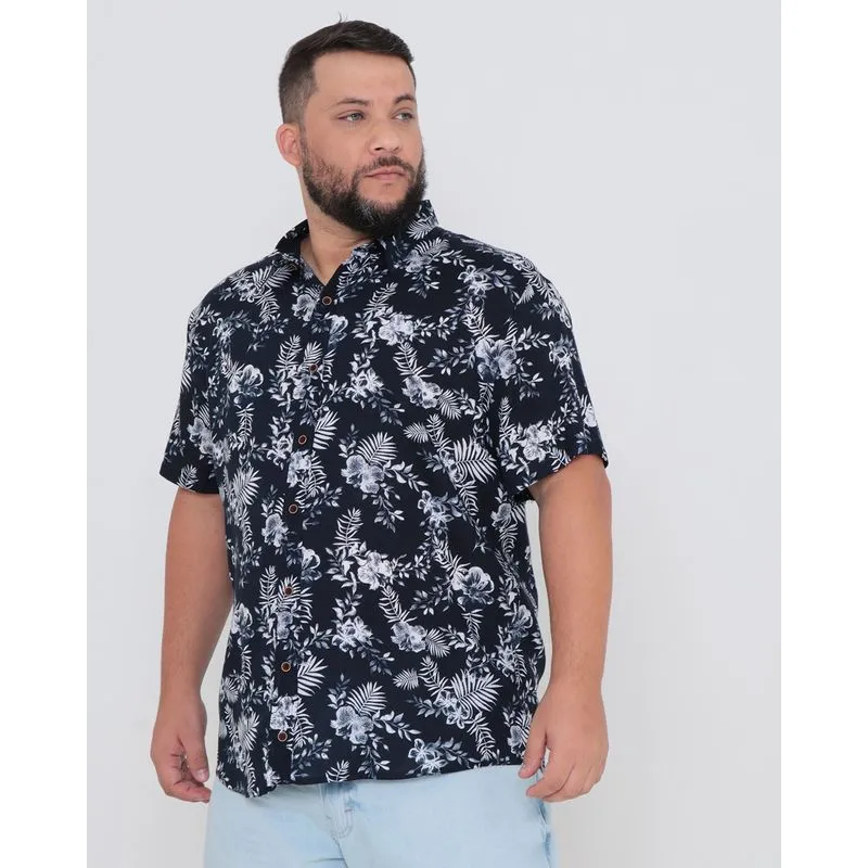 Camisa Masculina Plus Size Estampada Floral Azul Marinho G1