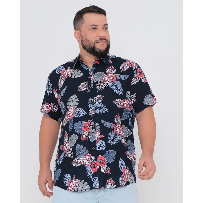 Camisa Masculina Plus Size Estampada Floral Vermelha G3