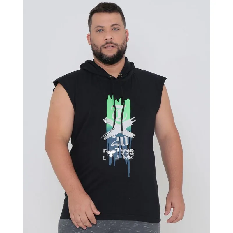 Regata Masculina Plus Size Com Capuz Estampa Metalizada Preta G2