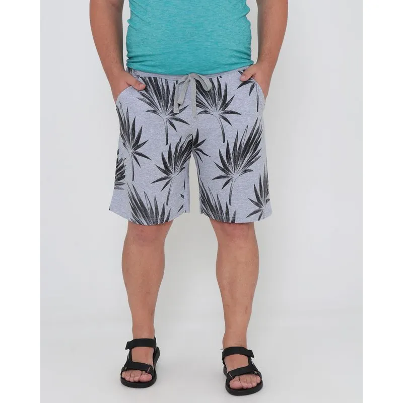 Bermuda Plus Size Masculina Moletinho Estampa Folhas Cinza G3