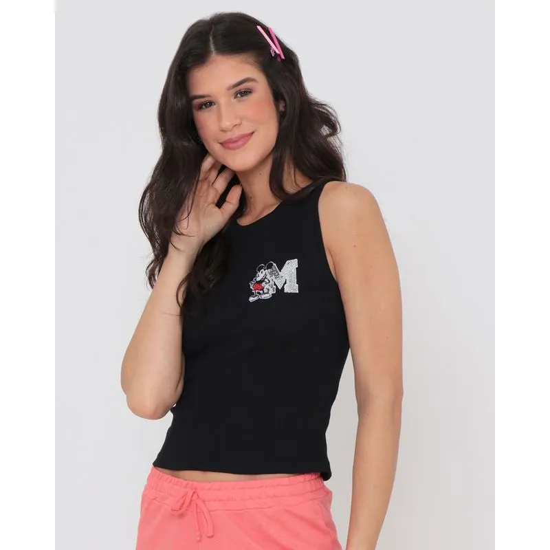 Regata Feminina Bordado Mickey Mouse Disney Preta G