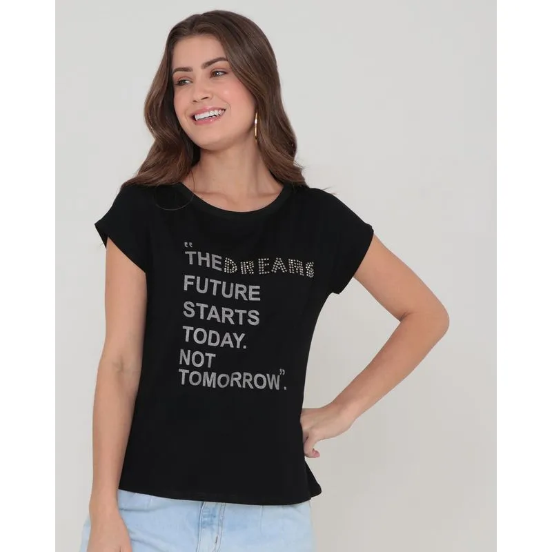 Blusa Feminina Viscose com Estampa Strass Manga Curta Preta P