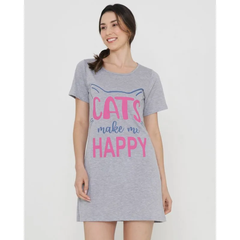 Camisola Manga Curta Estampa Cats Mescla Cinza G