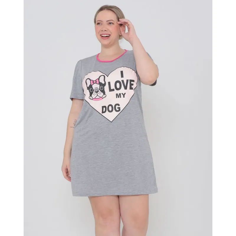 Camisola Plus Size Manga Curta Estampa Dog Cinza G1