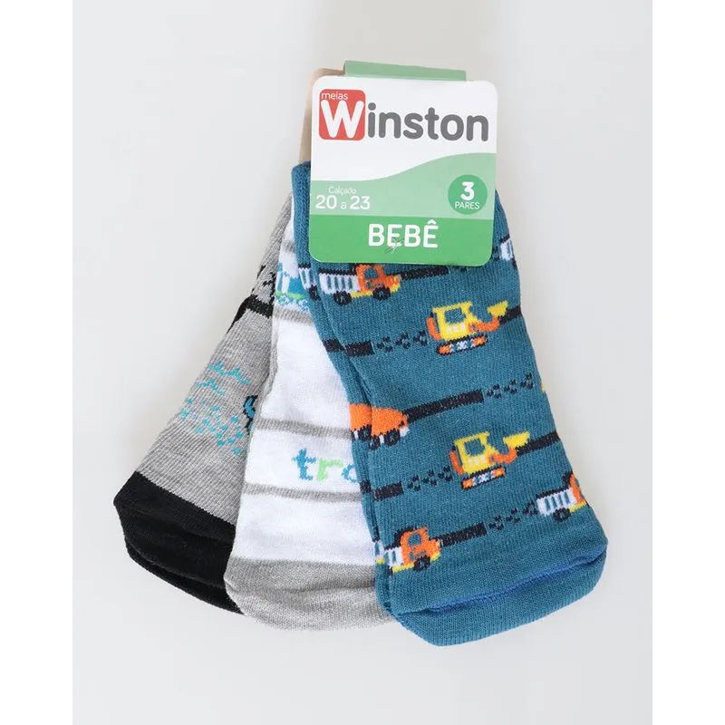 Kit De Meia Bebê 3 Pares Estampado Azul Branco Cinza 20 A 23