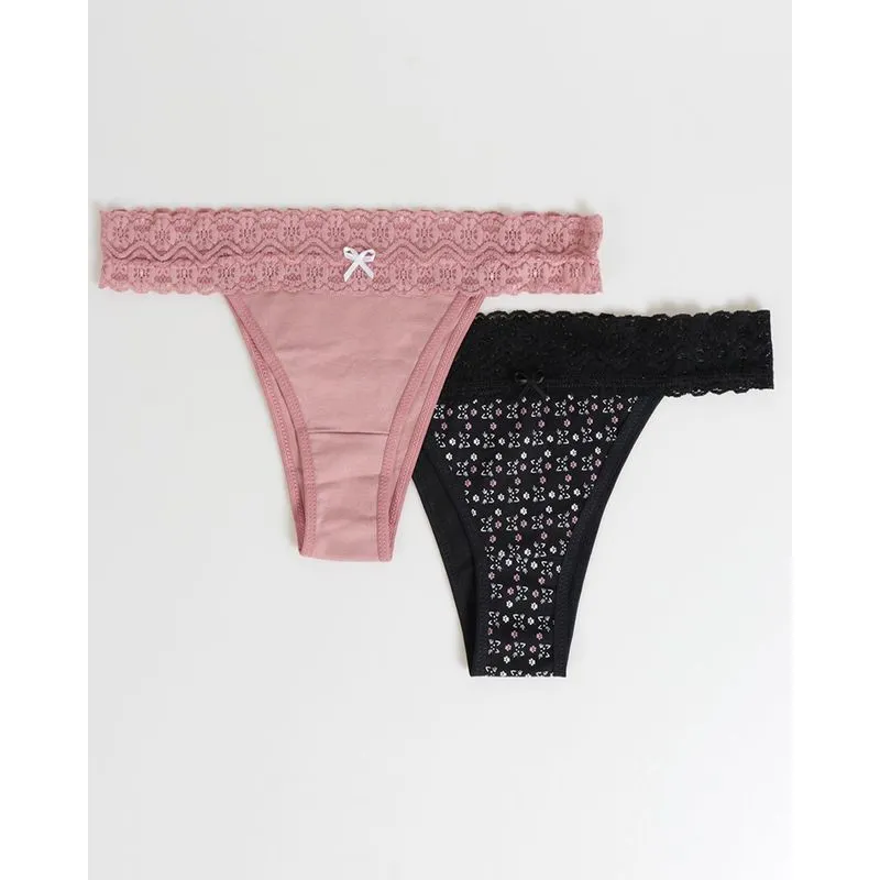 Kit 2 Calcinhas String Renda Preta Rosa GG