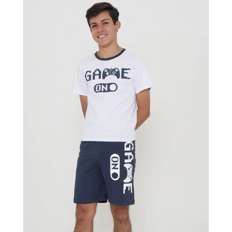 Pijama Juvenil Curto Estampa Game Brilha No Escuro Branco 12