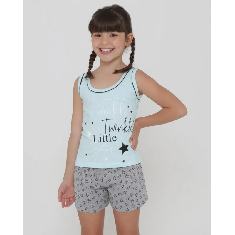 Pijama Infantil Curto Estampa Estrelas Azul Claro 6