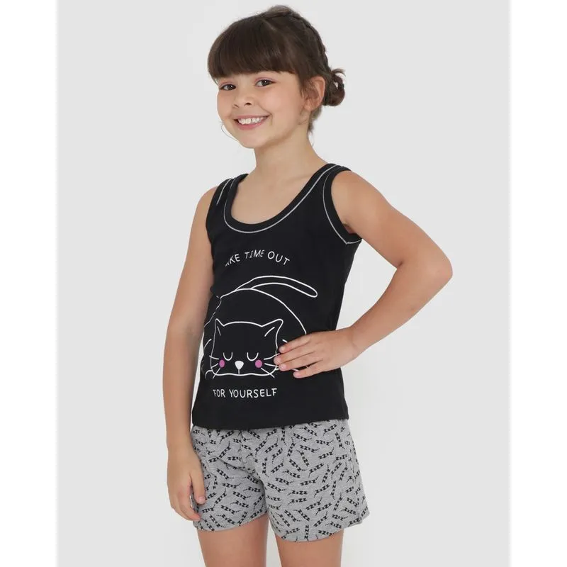 Pijama Infantil Curto Estampa Gatinho Preto 6