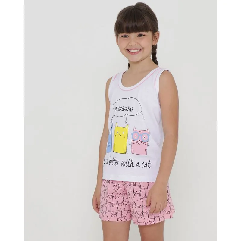 Pijama Infantil Curto Estampa Gatinhos Branco 8