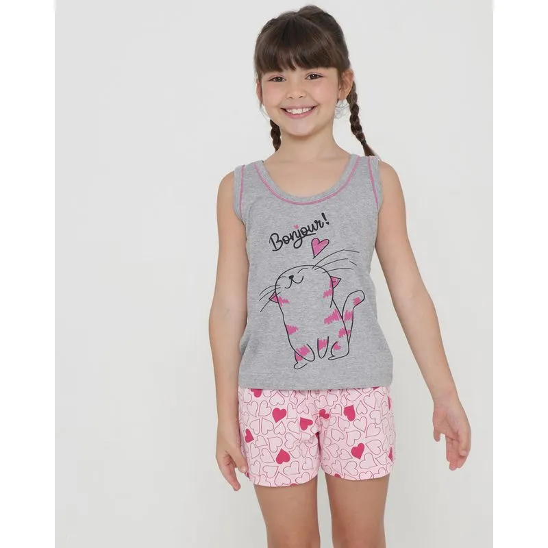 Pijama Infantil Curto Estampa Gatinho Cinza 6