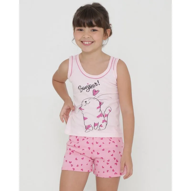 Pijama Infantil Curto Estampa Gatinho Rosa Claro 4