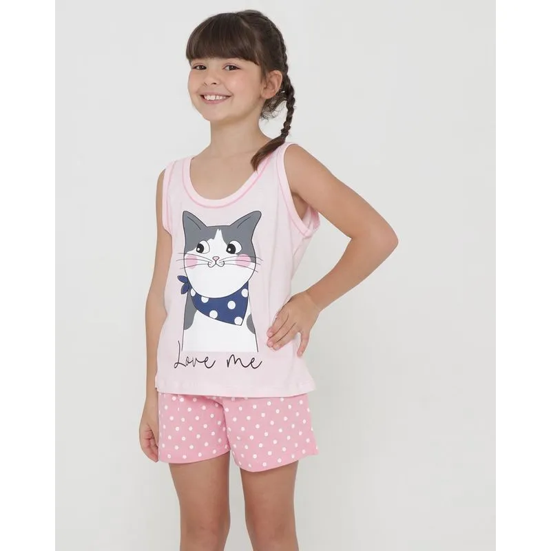 Pijama Infantil Curto Estampa Gatinho Rosa Claro 8