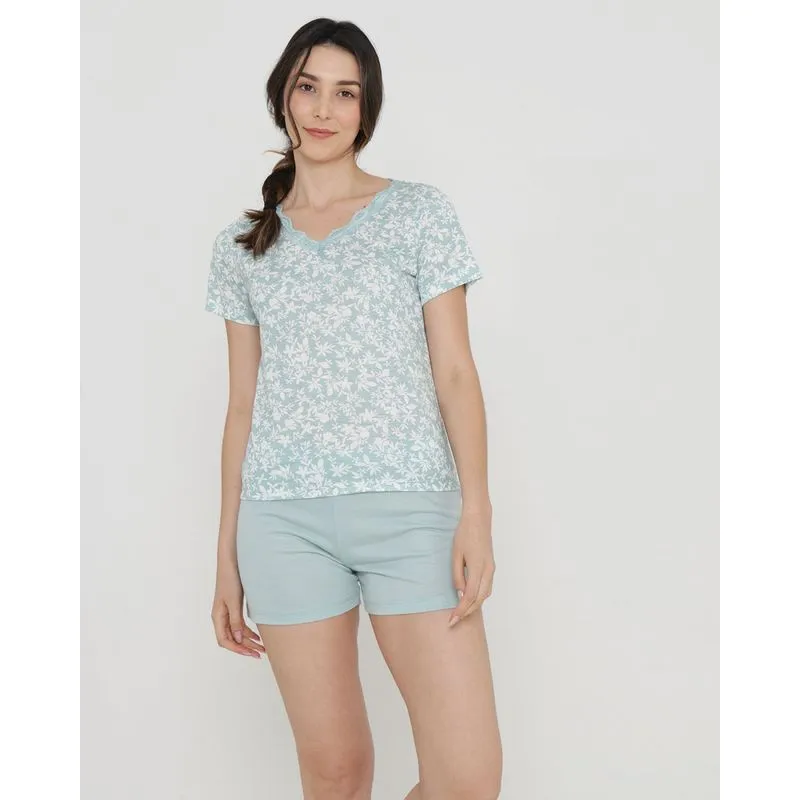 Pijama Feminino Curto Gola V Renda Floral Verde G