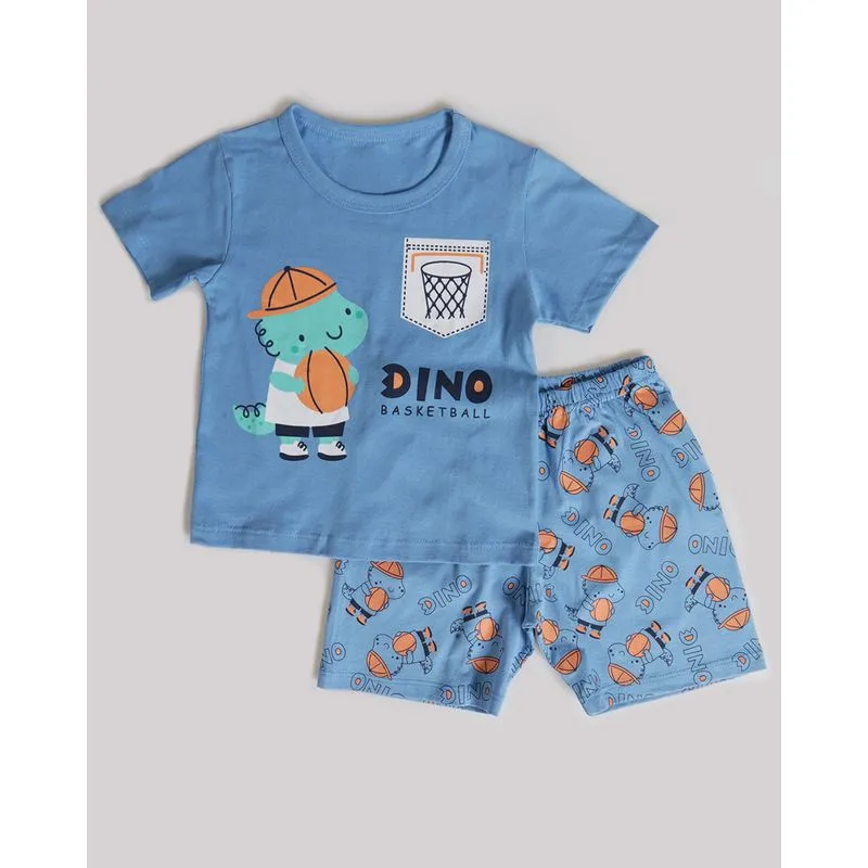 Pijama Bebê Manga Curta Estampa Dino Azul 1