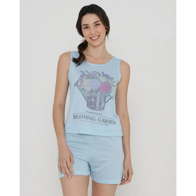 Pijama Feminino Regata Curto Estampa Garden Azul Claro GG